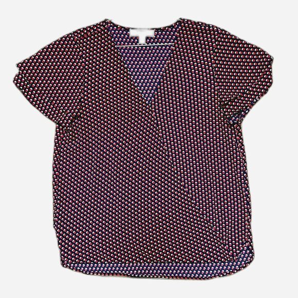 Michael Kors Patriotic Blouse Red White Blue Dot Top Flowy Cross Over Sz M - Picture 2 of 6